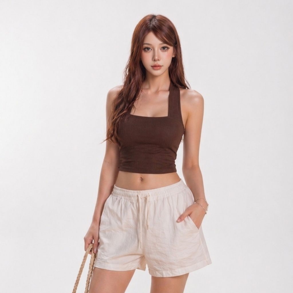 Hot พร้อมส่ง20สี‼เสื้อครอปคล้องคอ ผ้าหนา2ชั้นทั้งตัว รุ่นไม่มีฟองน้ำ (ผ้าเรย่อนผสมสแปนเด็กซ์) ผ้าหนากระชับตัวคะ ราคา ถูกที่สุด ดีลบีเคเค แกลเลอรีภาพที่ 8