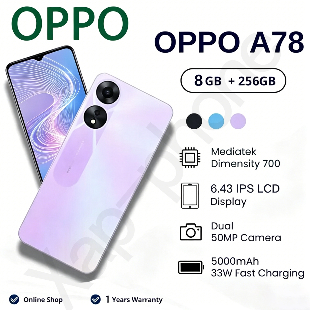 สินค้าพร้อมส่ง OPPO A78 สมาร์ทโฟน  หน่วยความจำ  RAM8GB & ROM256 GB จอ6.43นิ้ว แบตเตอรี่ 5,000mAh And