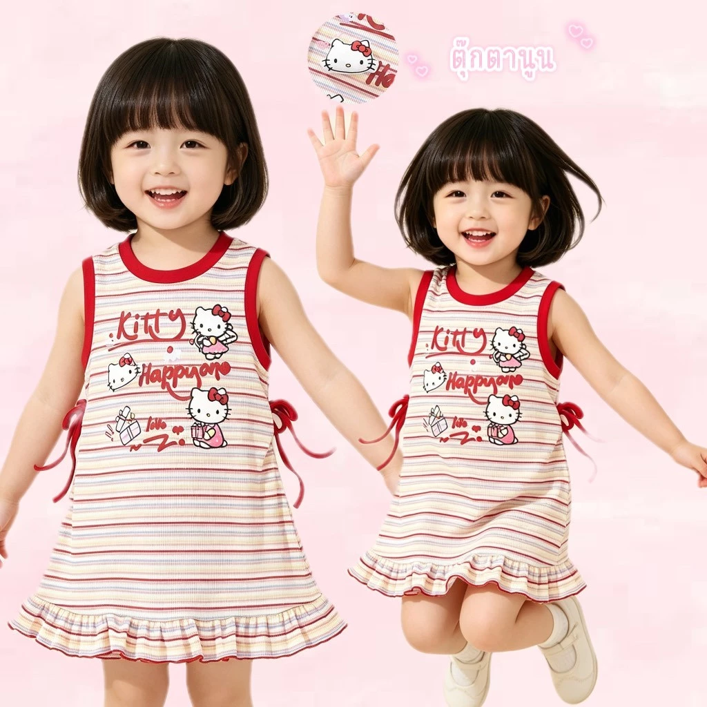 BB254 เดรสเด็กผู้หญิงลายคิตตี้ แขนกุด ลายทาง แต่งโบว์ข้าง น่ารักสดใส ใส่สบาย สไตล์เกาหลี