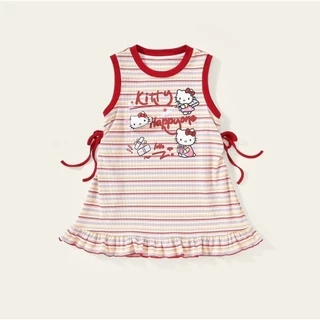 BB254 เดรสเด็กผู้หญิงลายคิตตี้ แขนกุด ลายทาง แต่งโบว์ข้าง น่ารักสดใส ใส่สบาย สไตล์เกาหลี