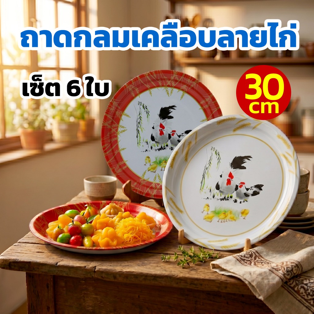 [เซต 6 ใบ] ถาดเคลือบ ลายไก่โบราณ ขนาด 30 ซม. ถาดสังกะสี ถาดกลมวินเทจ ถาดใส่อาหาร ถาดเสิร์ฟน้ำ สีสด ลายชัด พร้อมส่ง