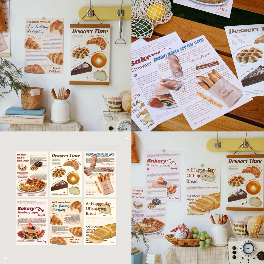 พร้อมส่ง ( เซต 6 ใบ ) โปสการ์ด โปสเตอร์ Bakery Set คาเฟ่เบเกอรี่ สไตล์เกาหลี รูปติดผนัง ของแต่งห้อง พร็อบถ่ายรูป 76034