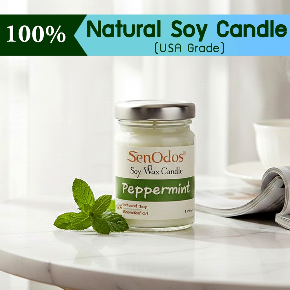 SenOdos เทียนหอม กลิ่นเปปเปอร์มิ้นต์ Peppermint เทียนอโรม่า กลิ่นหอมสดชื่น ไร้เขม่าควันดำ ปลอดภัย ไร้สารเคมี 45 g.