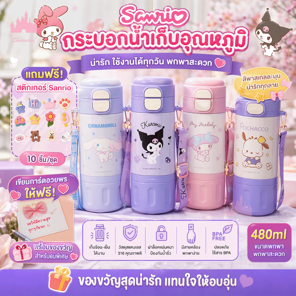Sanrio เป็นสแตนเลส 316 เก็บร้อน/เย็นได้ดีมาก 480ml
