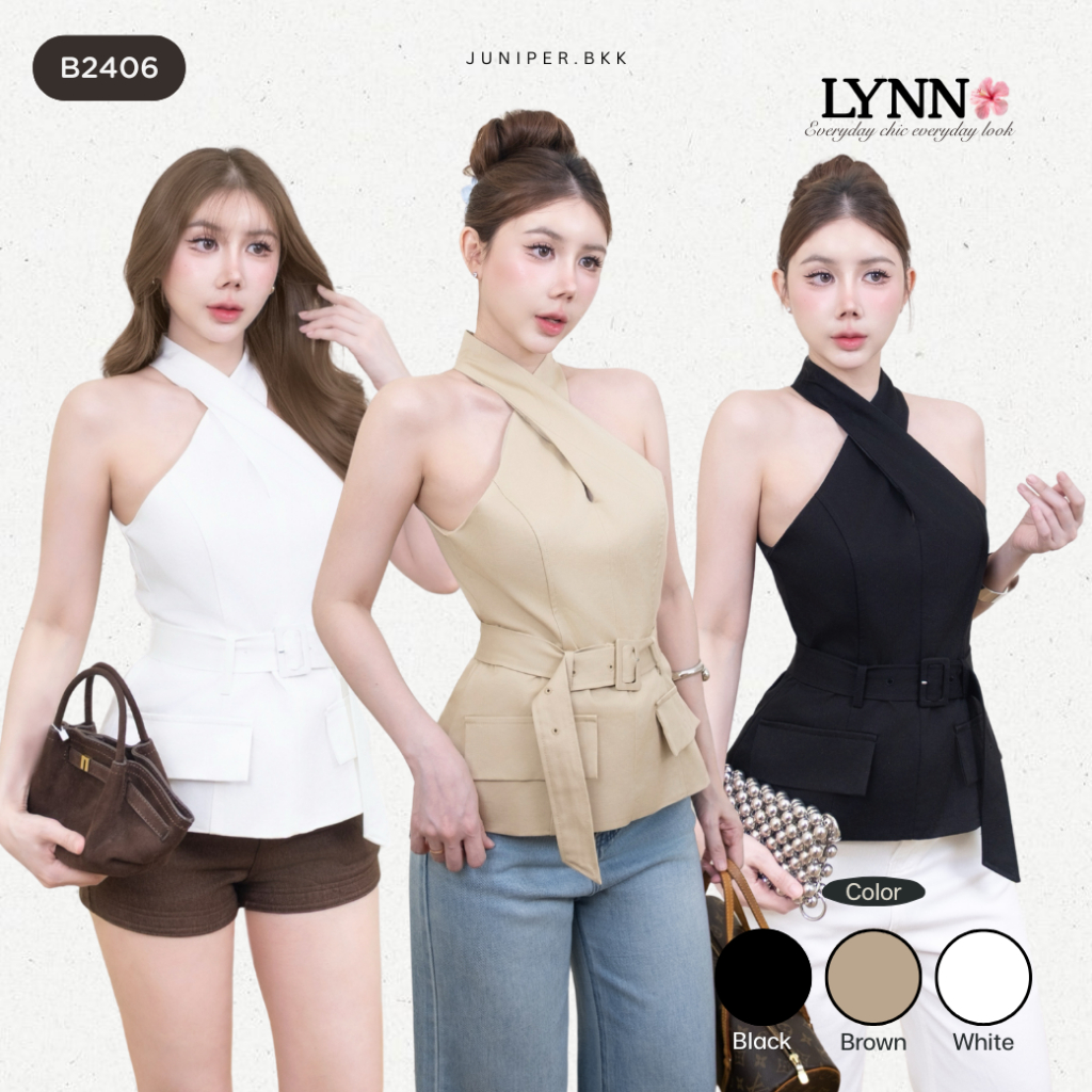 เสื้อคล้องคอเก็บเอว ใส่แล้วดูแพงมาก Halter Top ทรงเข้ารูป มีเข็มขัด ใส่ทำงาน/คาเฟ่ | LYNN | B2406