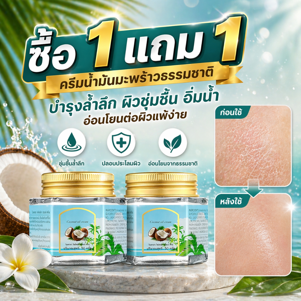 ซื้อ 1 แถม 1! ครีมบำรุงผิวจากน้ำมันมะพร้าวธรรมชาติ 2 กระปุก (50 กรัม/กระปุก) บำรุงและฟื้นฟูผิวแห้ง แตก และแพ้ง่ายอย่างอ่
