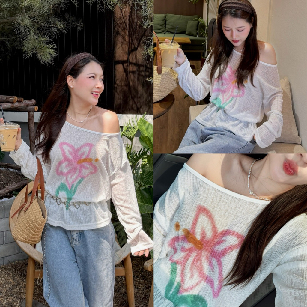 M101-เสื้อเปิดไหล่ไหมพรมบาง ลายดอกไม้ สีขาว สไตล์เกาหลี เสื้อแขนยาวผู้หญิง ลุคคาเฟ่ น่ารัก เซ็กซี่เบาๆ