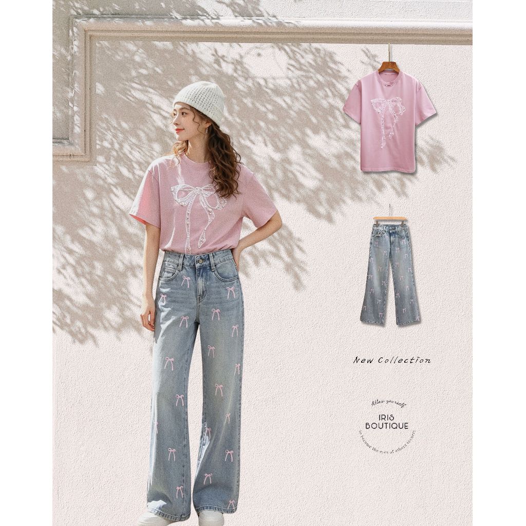 Original Design IRIS BOUTIQUE Summer Premium series  IS73825-IP73822 Pearl Bow Pink Tee & Pink Bow Wide-Leg Jeans