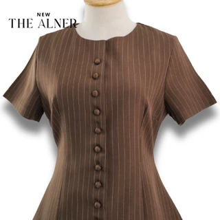 Thealner-AN257 (เซตเสื้อลายริ้วแขนสั้นแต่งกระดุมหน้ากางเกงขายาว)
