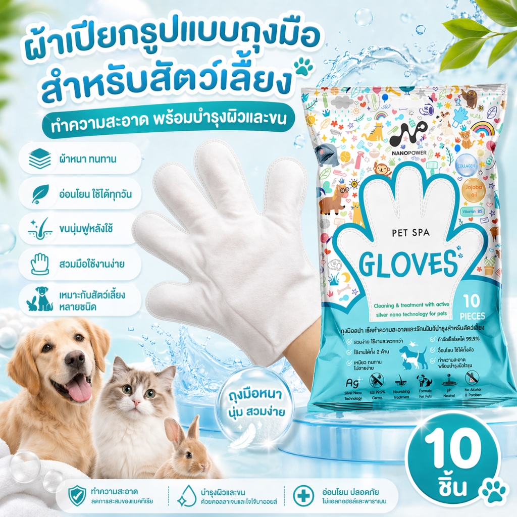 นาโนพาวเวอร์ ถุงมือสปาซิลเวอร์นาโน เช็ดทำความสะอาดและทรีทเม้นต์บำรุงสำหรับสัตว์เลี้ยง(จำนวน 10 ชิ้น)
