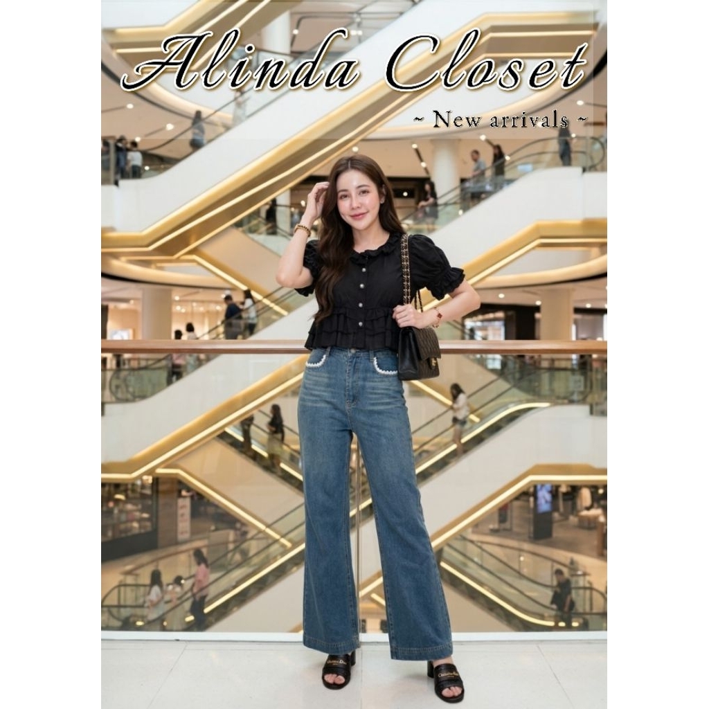 𝘼𝙇𝙄𝙉𝘿𝘼 𝘾𝙇𝙊𝙎𝙀𝙏 ᯓ ★ ชุดเซ็ทเสื้อผ้าชีฟองเนื้อนุ่มสีดำแขนตุ๊กตา+กางเกงยีนส์ฟอกปลายขาม้า ทรงสวย ผ้าดีมาก