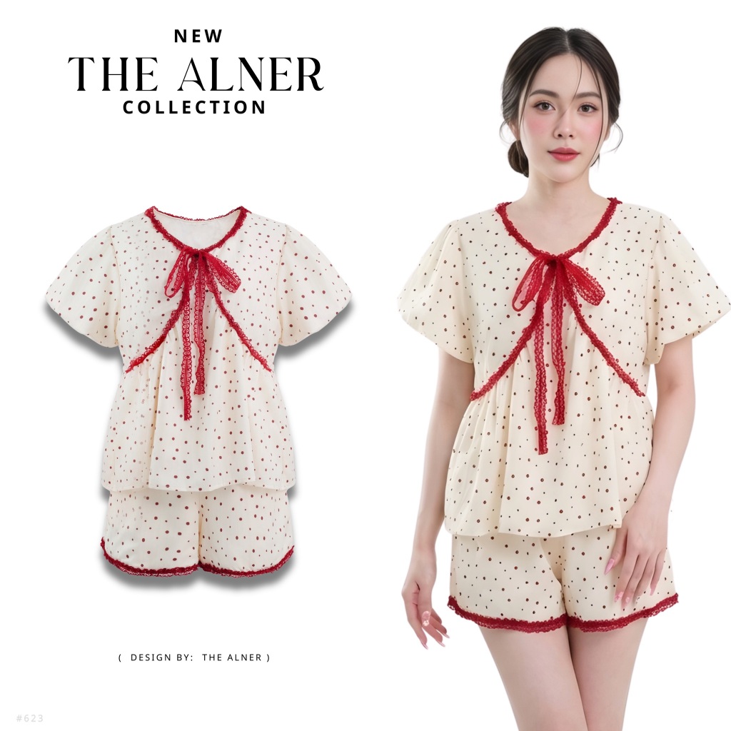 Thealner-AN623 (เซตเสื้อขาวลายจุดแดงแขนตุ๊กตากางเกงขาสั้น)