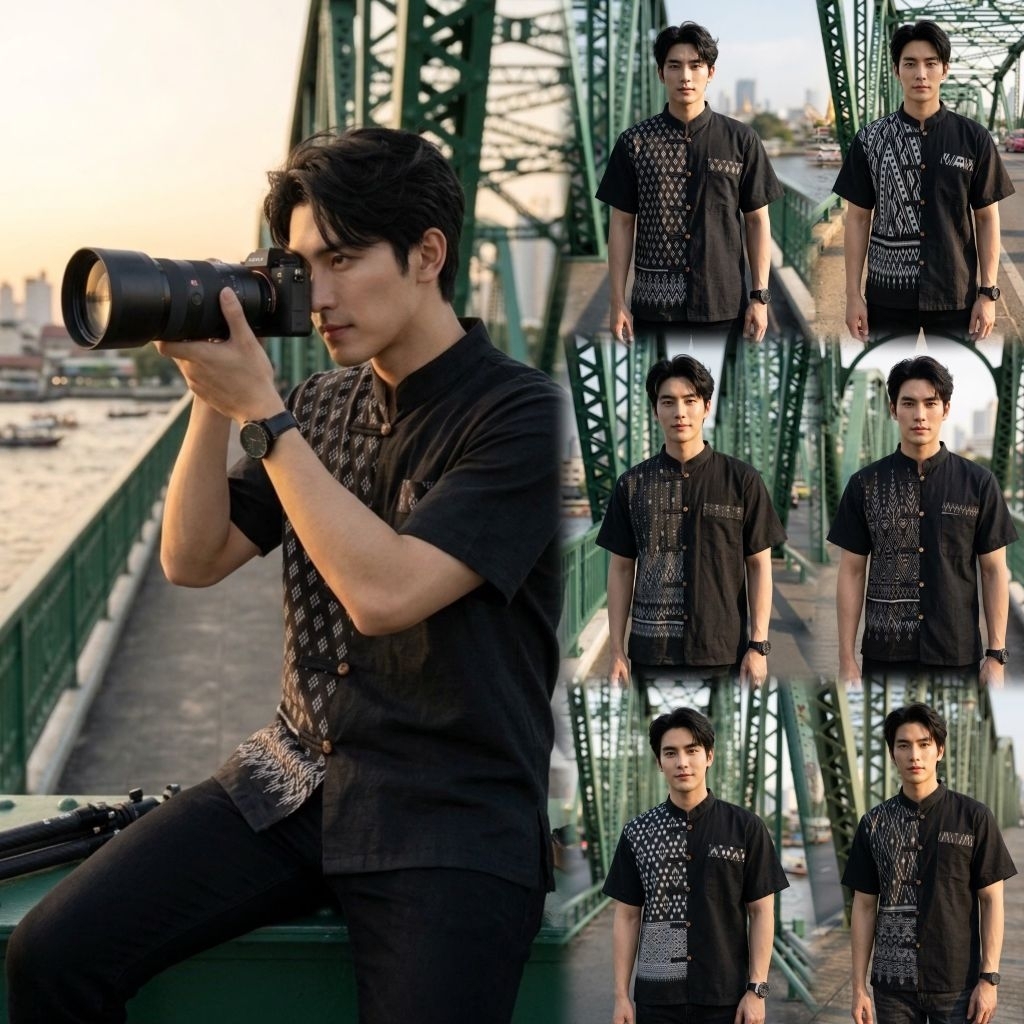 เสื้อพื้นเมืองผู้ชายคอจีน ทูโทนหูโชว์ รุ่น  "ศิริทรงภูมิ"