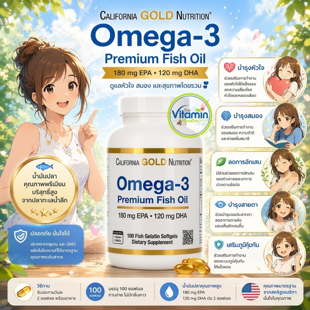 California Gold Nutrition Omega-3 Premium Fish Oil180 mg EPA / 120 mg DHA | 100 Fish Gelatin Softgels 100เม็ด