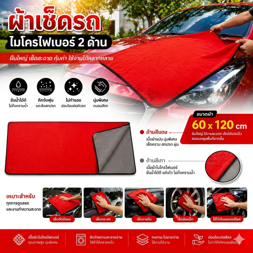 ผ้าไมโครไฟเบอร์ 3D ไซส์ใหญ่ ขนาด 60x120 ซม. ผ้าลาก ขนาดใหญ่จัมโบ้ หนานุ่ม เช็ดรถสบาย ไม่เป็นรอย ซึมซับน้ำได้มาก หนา 700g