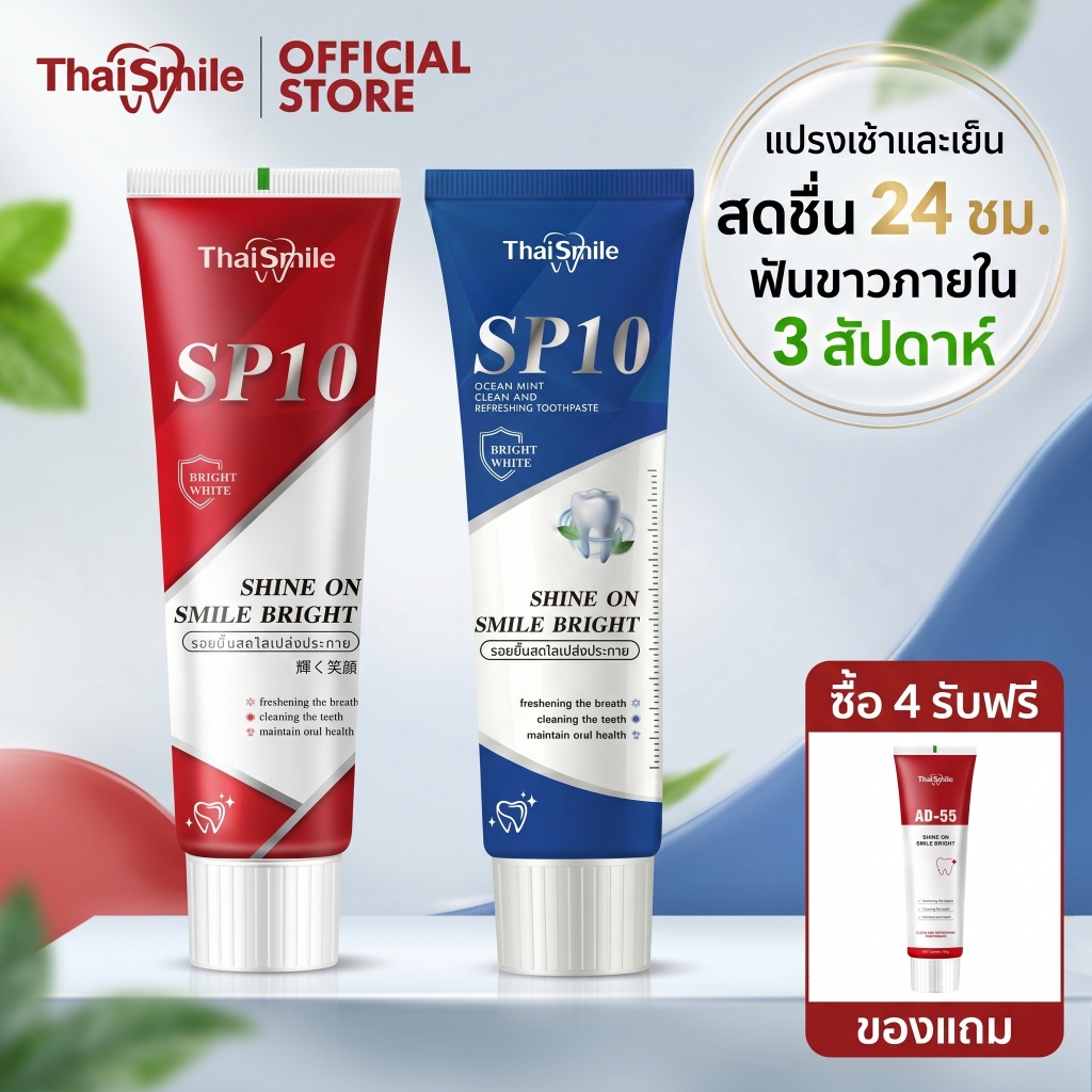 ThaiSmile SP10 ยาสีฟันฟันขาว ลดคราบเหลือง ขจัดกลิ่นปาก  สูตรพรีเมียม (เซตคู่ Red & Blue)