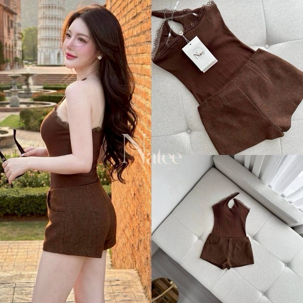 Natee SET 2ชิ้น สีน้ำตาลช็อกโกแลตคุมโทน ดีไซน์เน้นความเรียบหรูและมีความเซ็กซี่เล็กน้อย