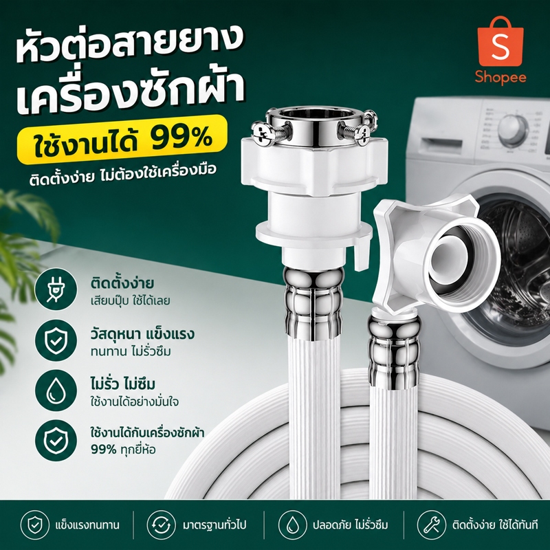 สายน้ำเข้า สายน้ำดี หัวต่อก๊อก เครื่องซักผ้า ยาว 1.5M/2M/3M พร้อม ข้อต่อก๊อกน้ำ ใช้ได้ทุกรุ่น ทุกยี้ห้อ ฝาหน้า ฝาบน