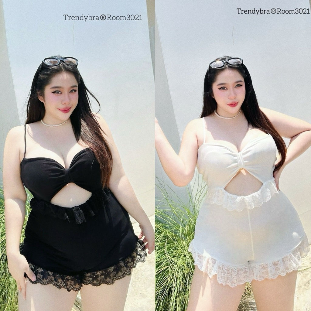 (TD) จั้มสูทผ้าตาข่าย มีซับในทั้งตัว บราทรงโบว์ แต่งลูกไม้ชาย สวยมาก โซ๊ะสุดๆ เสื้อผ้าสาวอวบอ้วน พลัสไซส์ ไซส์ใหญ่