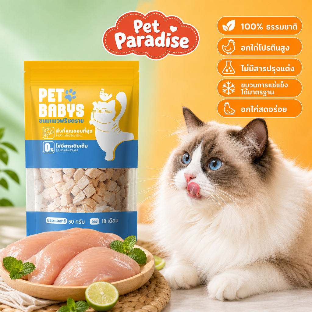 พร้อมส่ง! อกไก่ฟรีซดรายแท้ 100% ขนมแมวไม่เค็ม บำรุงขน 50/100g เหมาะสำหรับหมาและแมวทุกวัย