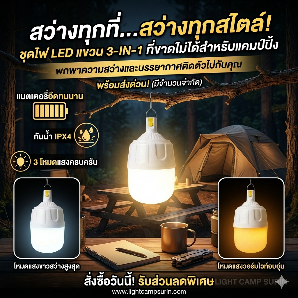 หลอดไฟ LED อัจฉริยะ 3-in-1 (รุ่น MP-350) สว่างจ้า 2000W พร้อมฟังก์ชันไล่ยุง!