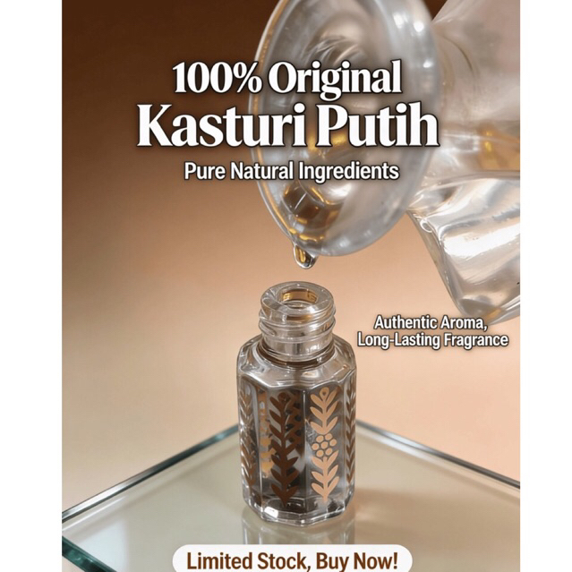 น้ำมันหอมกัสตูรีสีขาว Kasturi Putih แท้ 100% กลิ่นหอมสะอาด นุ่มนวล ติดทนนาน ปราศจากแอลกอฮอล์ (Pure Natural)