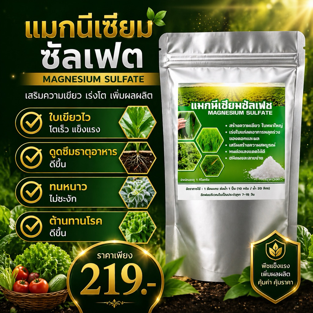 แมกนีเซียมซัลเฟต  แมกนีเซียม10% ซัลเฟอร์12 % ทำให้ใบเขียวเข้ม แข็งแรง ลดอาการใบเหลือง 1กิโล