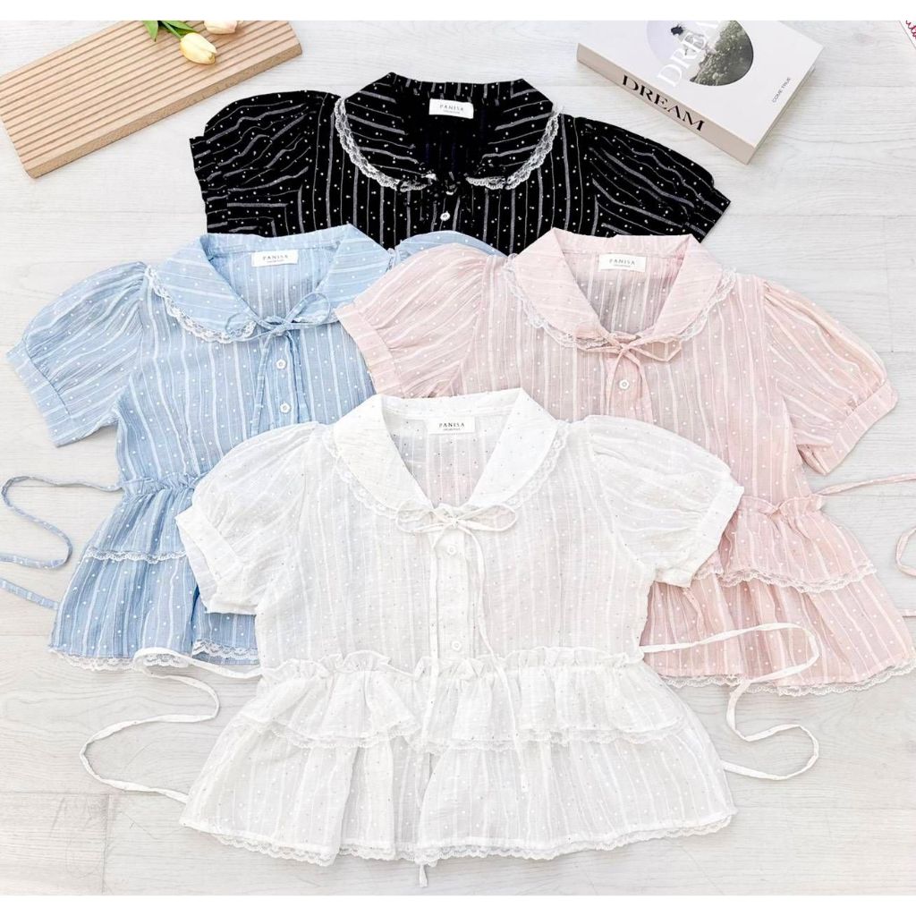 เสื้อคอปกขอบลูกไม้ผูกโบว์แต่งชายระบายมีเชือกผูกหลัง อก40