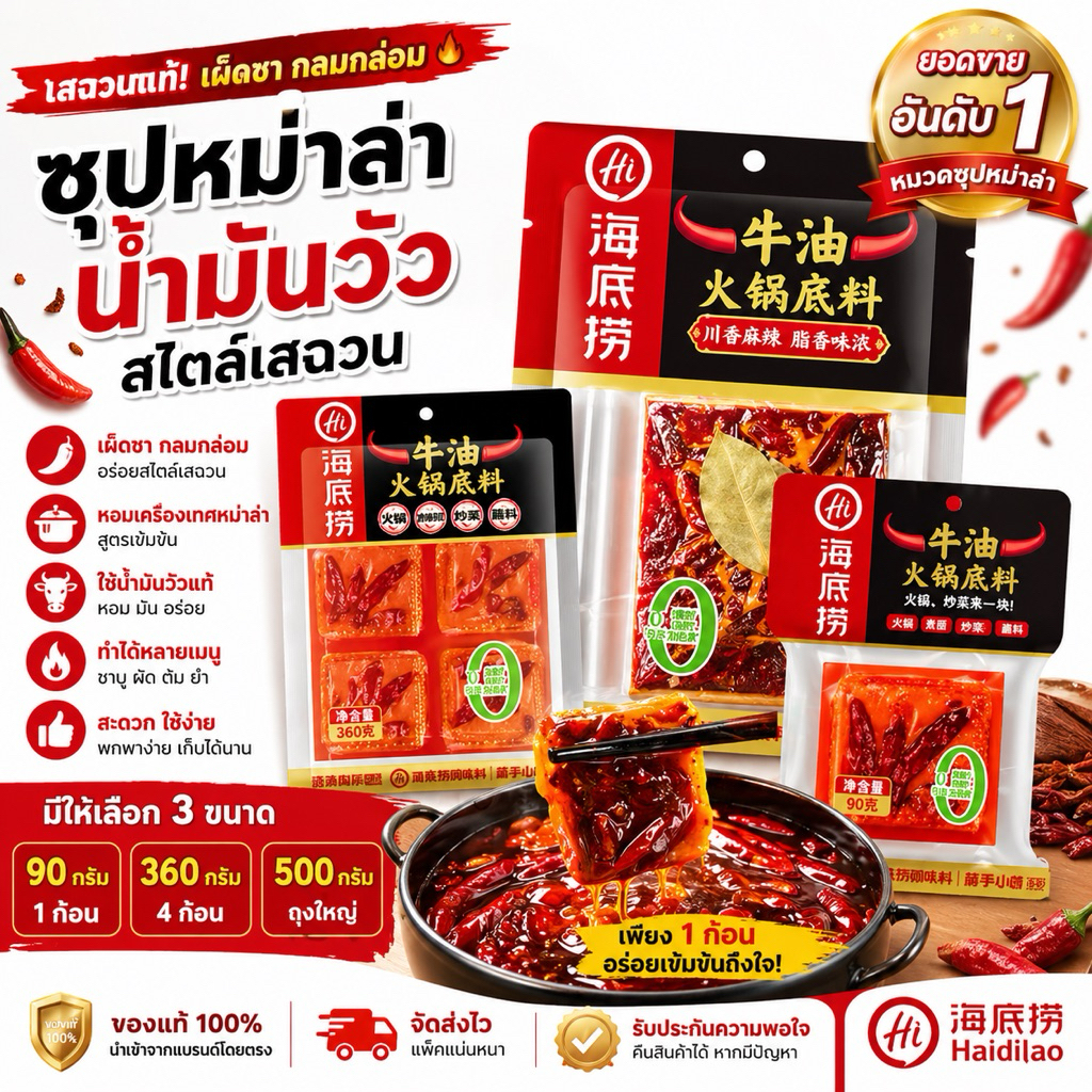 ซุปหม่าล่าน้ำมันวัวสไตล์เสฉวน Haidilao Sichuan Mala กลิ่นหอม อร่อย แบบก้อน พกพาสะดวก