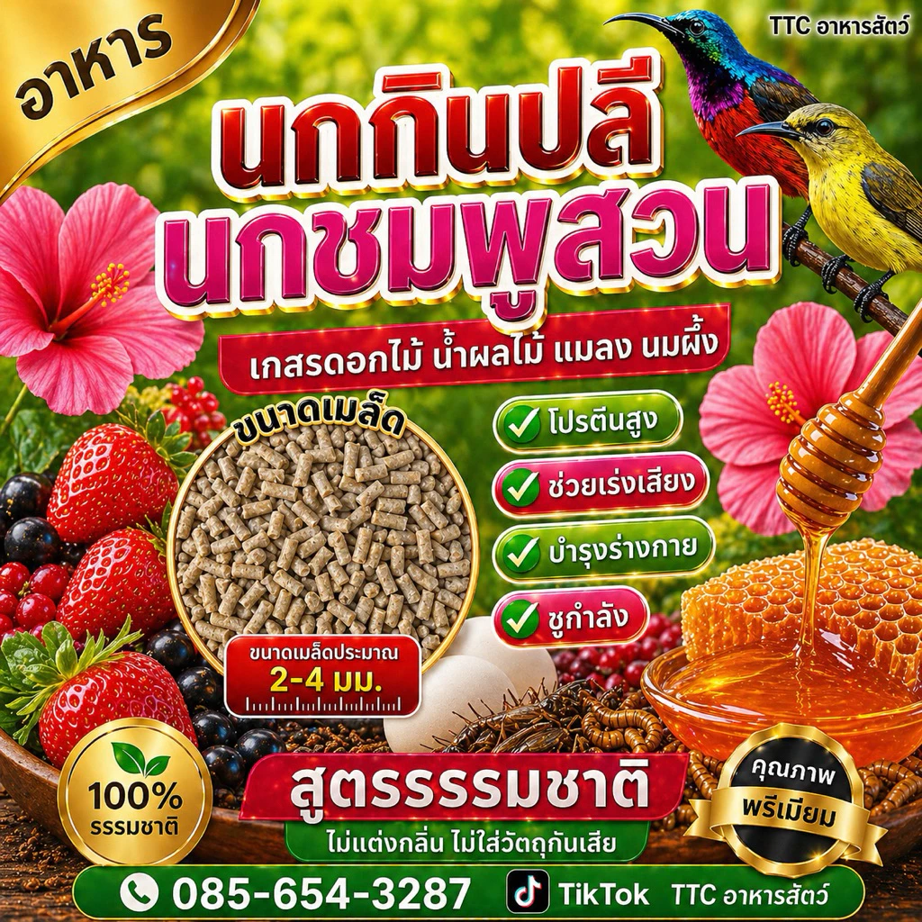 อาหารนกกินปลี นกชมพูสวน สูตรธรรมชาติ ไม่แต่งกลิ่น ไม่แต่งสี ไม่มีวัตถุกันเสีย