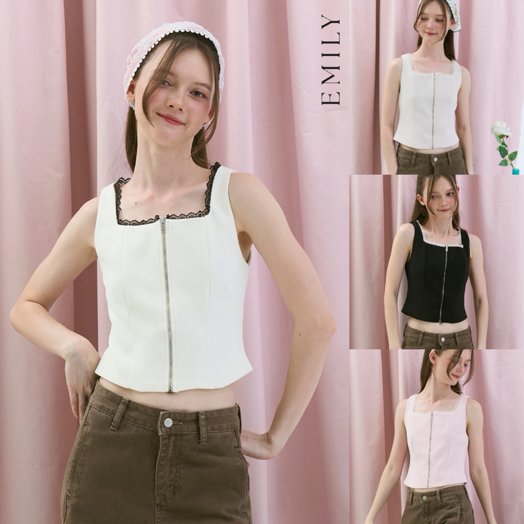 EMILY TOP (เฉพาะเสื้อ) เสื้อแขนกุดทรงเข้ารูป ซิปหน้าดีเทลแต่งขอบลูกไม้เพิ่มความหวานเล็กๆ