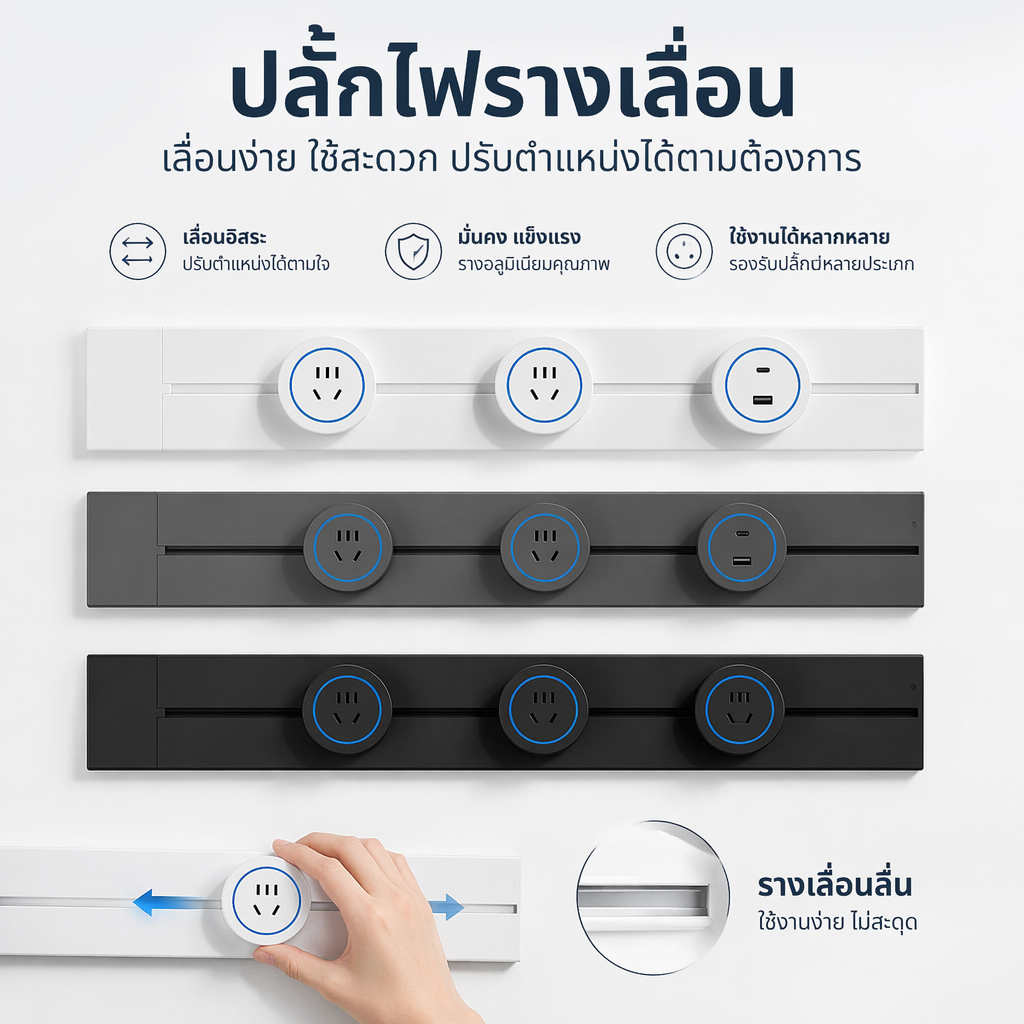ปลั๊กไฟรางเลื่อน ปลั๊กเคลื่อนที่ได้ ปรับตำแหน่งได้ ยืดหยุ่น ใช้งานสะดวก ทนทาน สำหรับบ้านและครัว