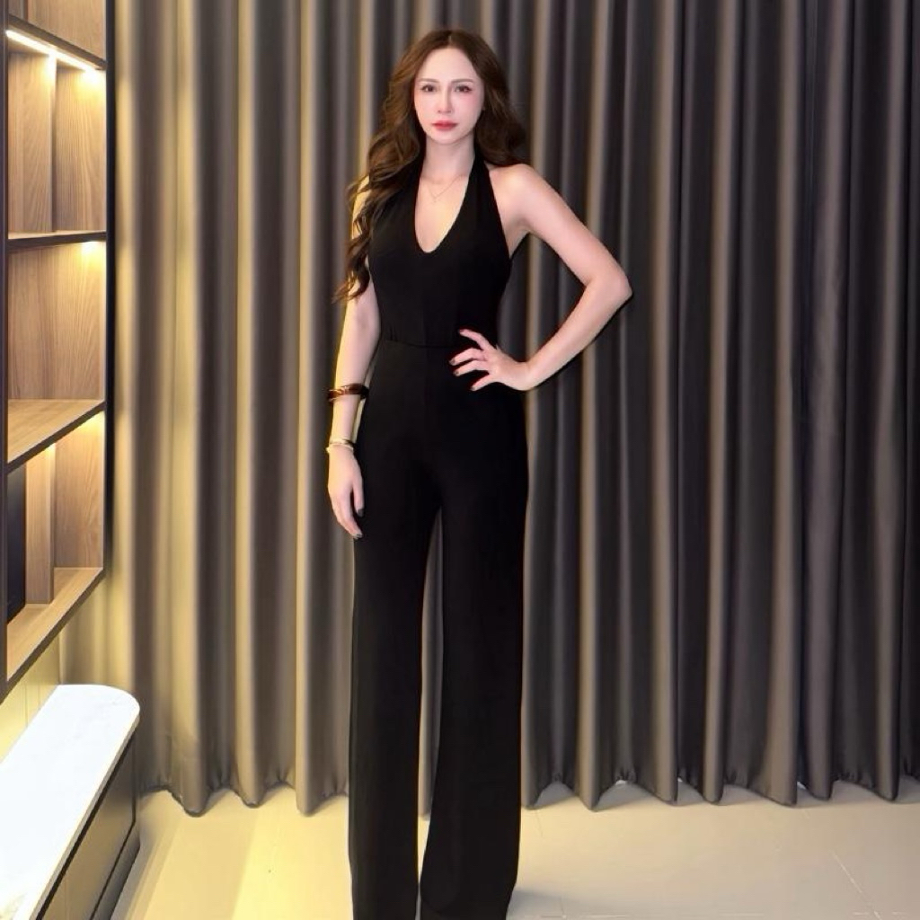 074…จั๊มสูทกางเกงผูกคอ New