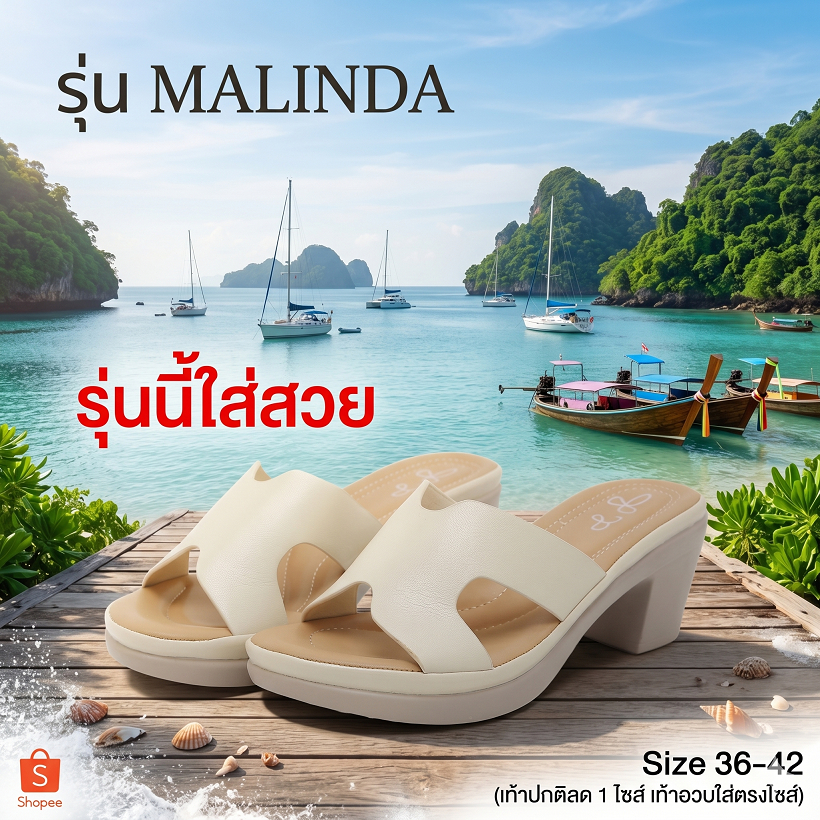 รองเท้า รุ่น Malinda รองเท้าเปิดส้นรุ่นใหม่ ใส่สวย นุ่ม ใส่สบาย (เท้าปกติลดไซส์ / เท้าอวบใส่ตรงไซส์)