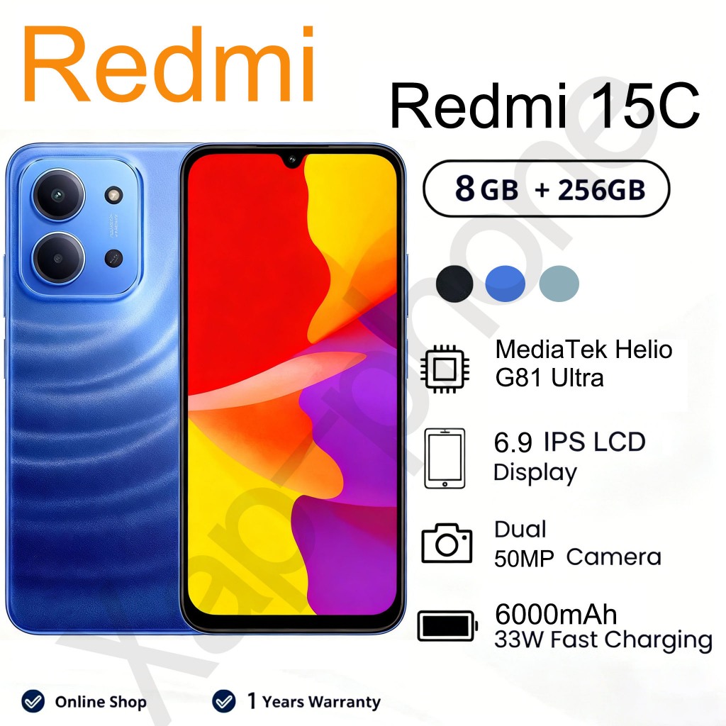 สินค้าพร้อมส่ง Redmi 15C การเก็บรักษา 8GB+256GB จอ 6.9" 120Hz Android 12 6000mAh ชาร์จไว 33W รับประกัน 12 เดือน