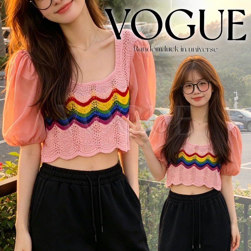 Vogue🌟พร้อมส่ง🌟 เสื้อแขนสั้นถักผู้หญิง สีสันสดใส ลายรุ้ง เหมาะสำหรับฤดูร้อน (C632-1) -C