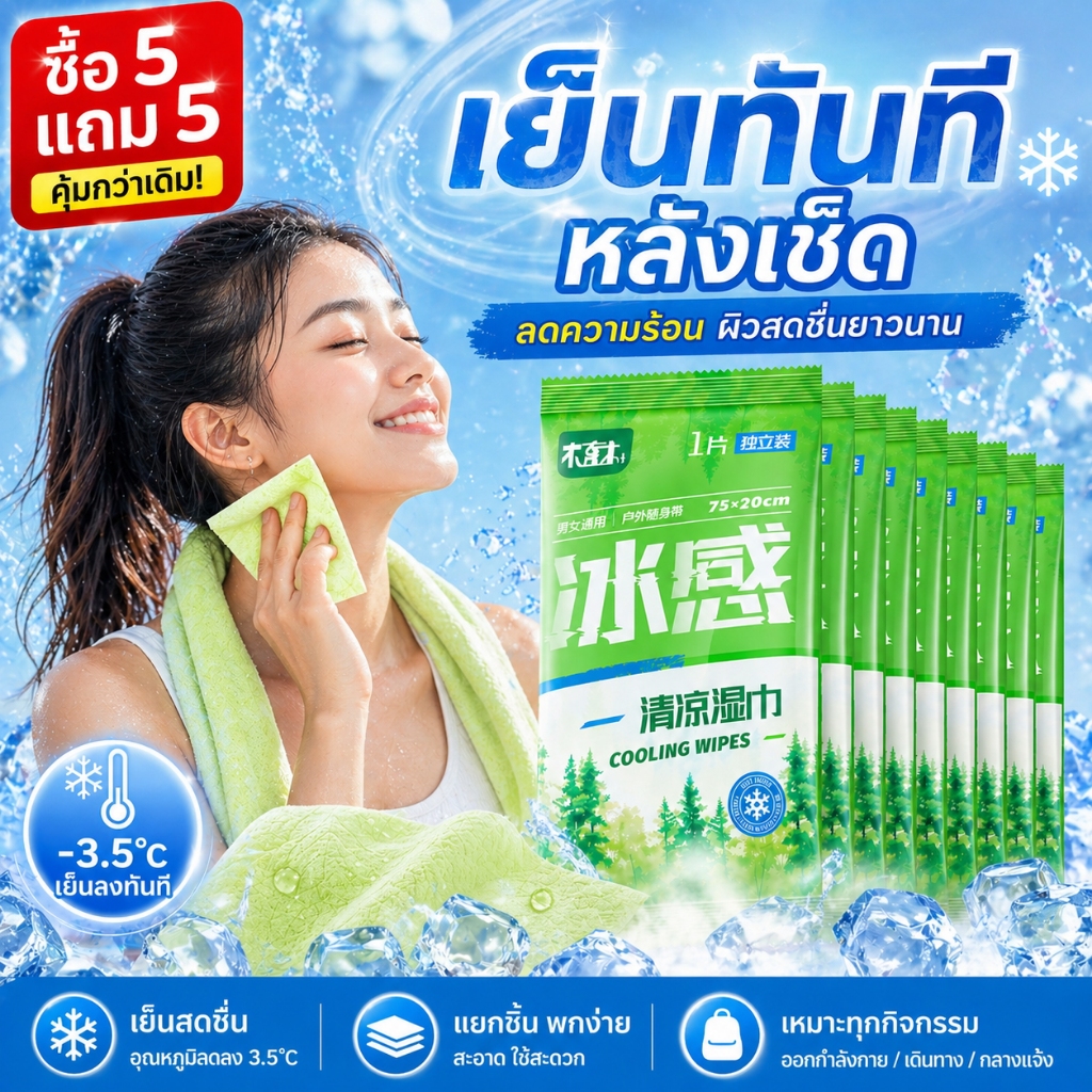 【ซื้อ 5 แถม 5】ผ้าขนหนูใช้แล้วทิ้ง ทิชชู่เปียก ผ้าเช็ดทำความสะอาดเย็นกลางแจ้ง เย็นอย่างรวดเร็ว 3℃ กำจัดเหงื่อ พกพา