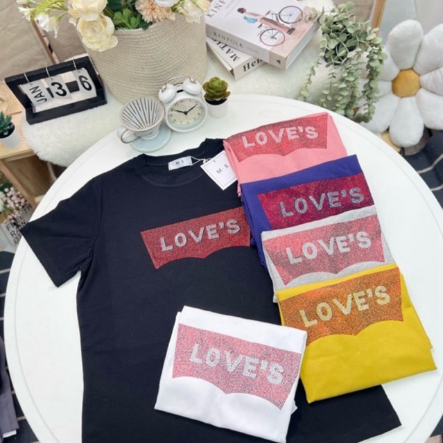 เสื้อยืดคอกลมแขนสั้น รีดเพชรลาย Love's ป้าย ME