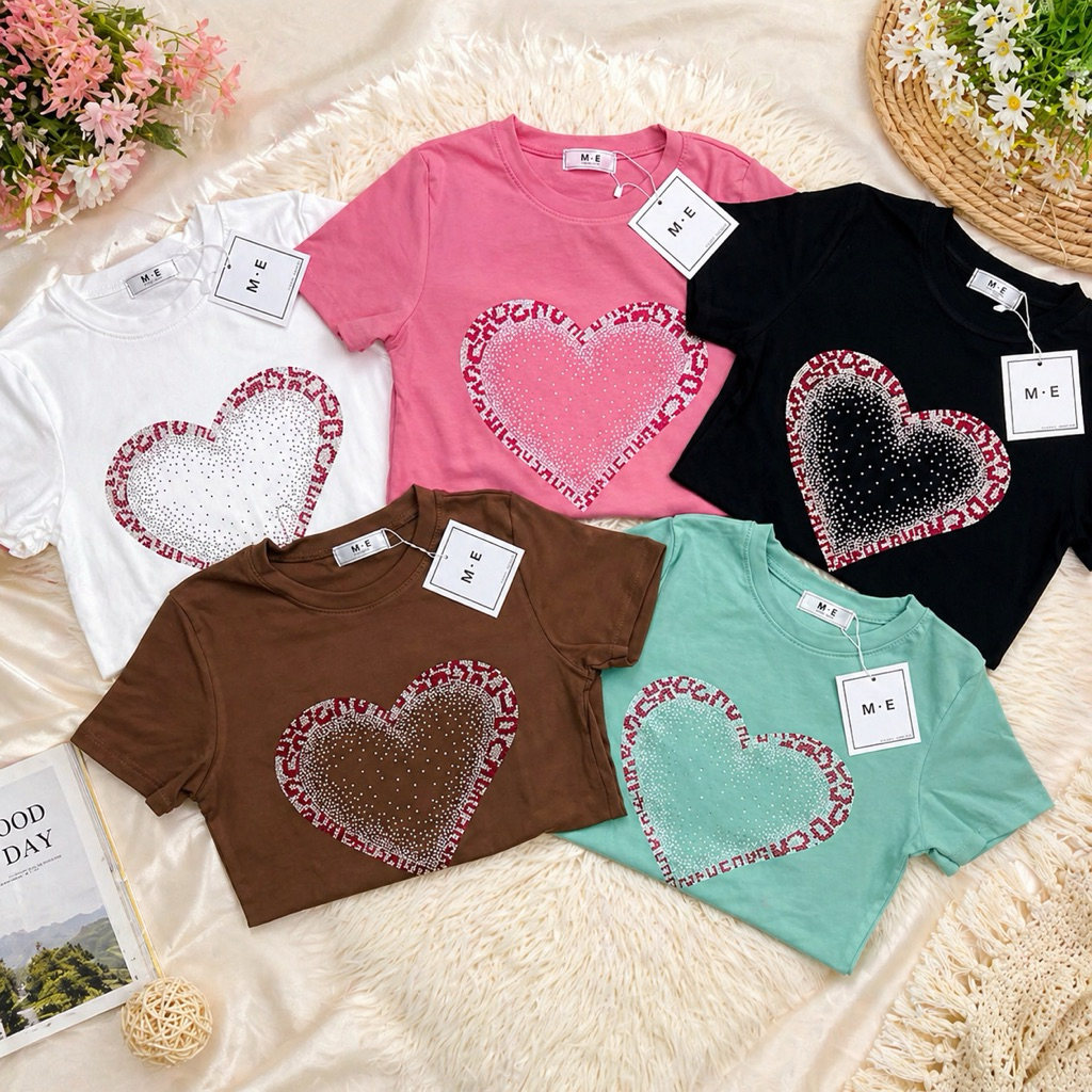 เสื้อยืดคอกลมแขนสั้น รีดเพชร ลายหัวใจสีแดง ป้าย ME
