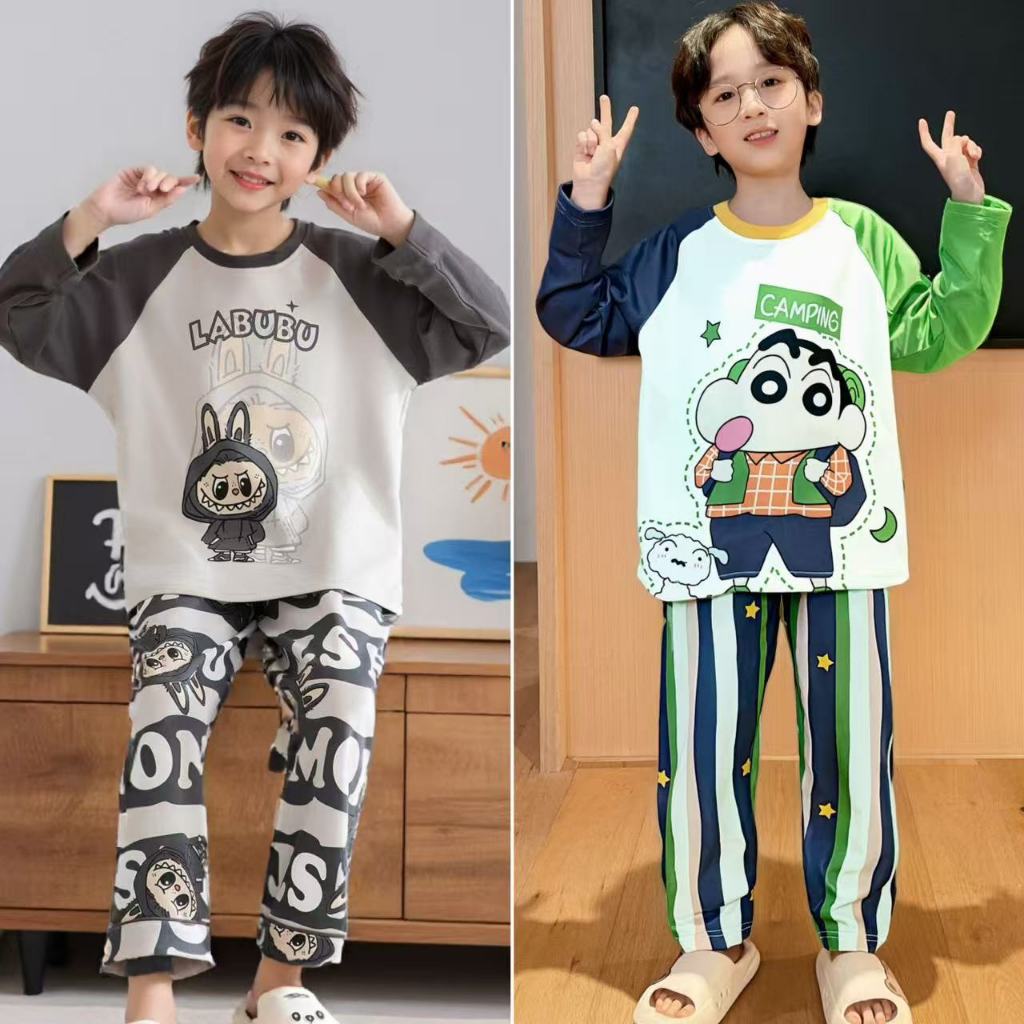90~170cm,ชุดนอนเด็กผู้ชาย เสื้อผ้าการ์ตูนเด็กผู้ชาย ผ้าฝ้ายคุณภาพสูง เสื้อแขนยาว+กางเกงขายาว