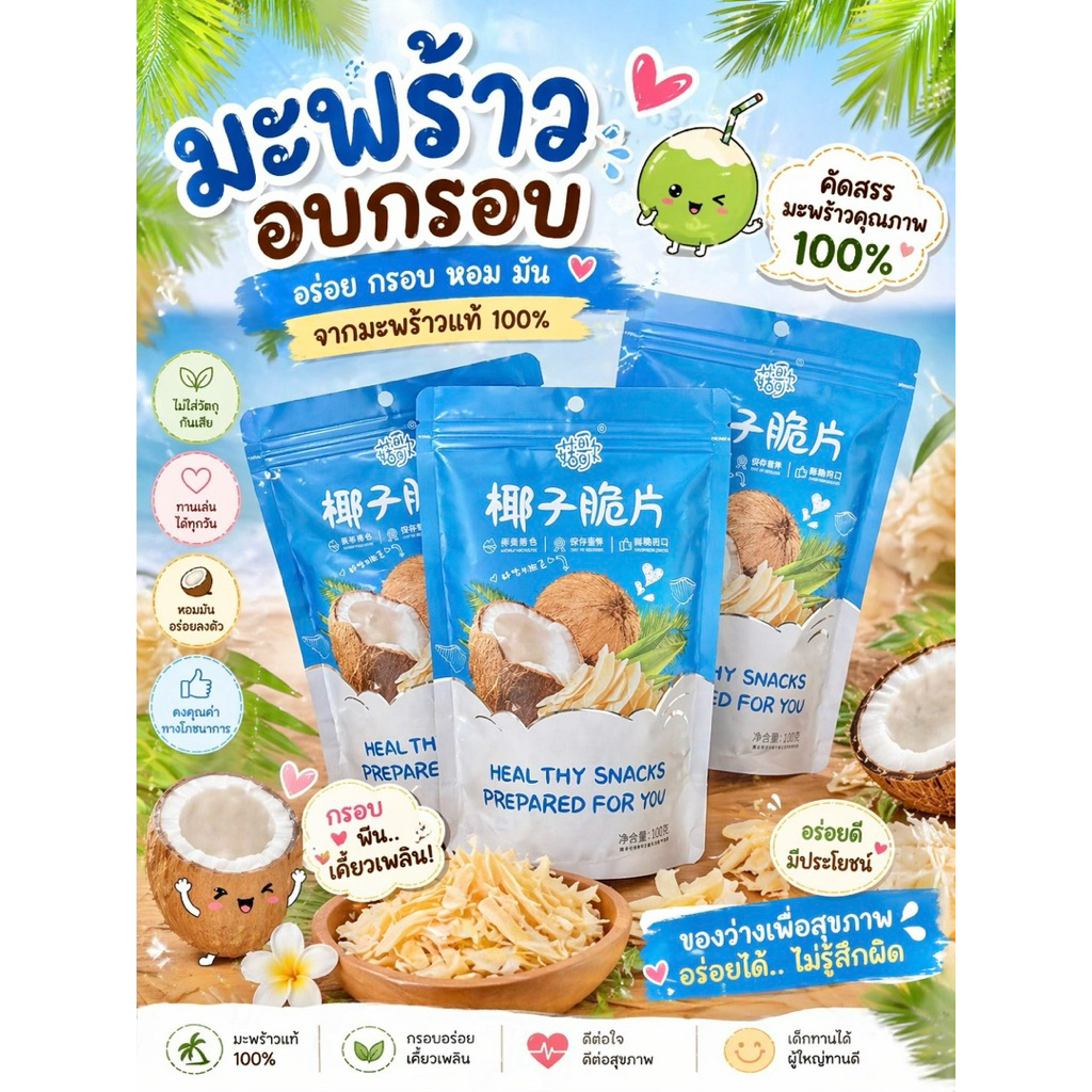 มะพร้าวอบกรอบ อร่อย กรอบ หอม มัน จากมะพร้าวแท้ 100% [ พร้อมส่งจากไทย ]