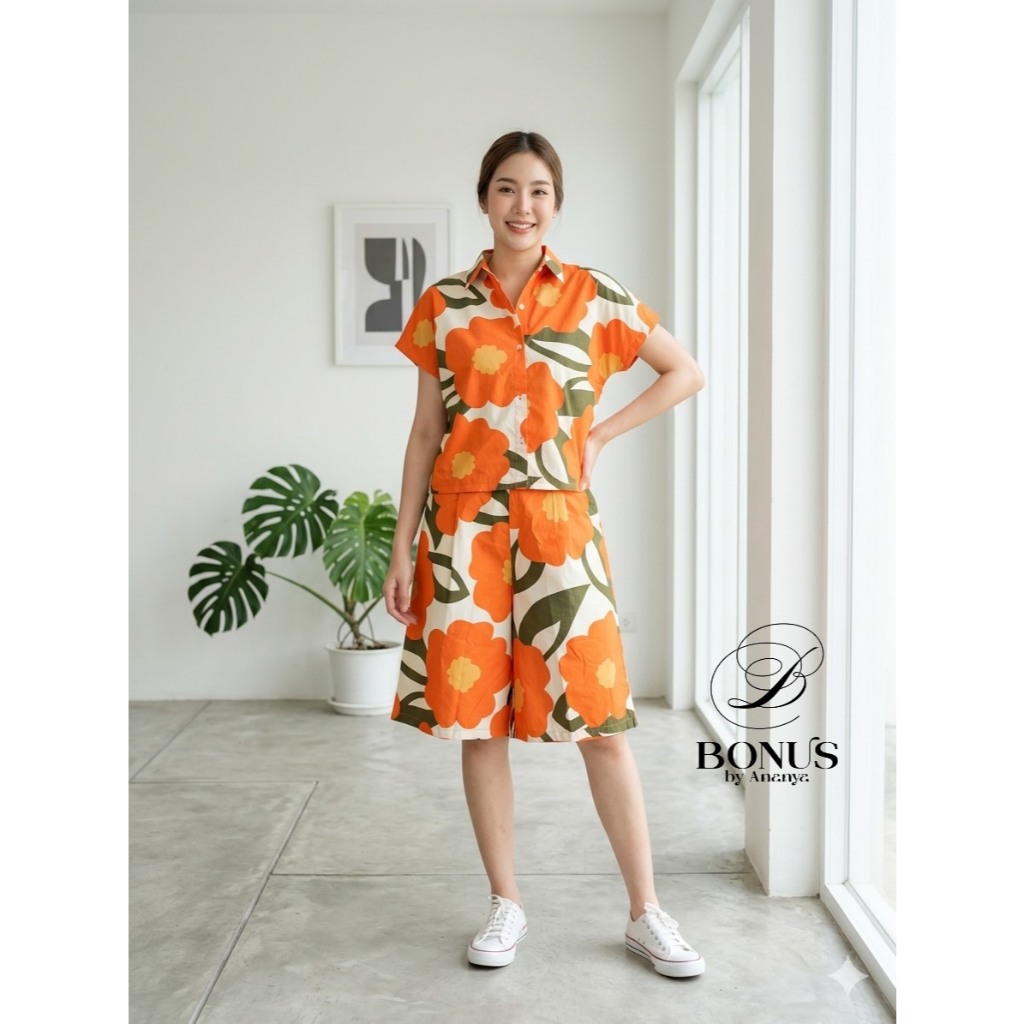 ชุดเซ็ตเสื้อปกเชิ้ต ชายตรงผ่าข้าง ผ้าคอตตอลญี่ปุ่น ป้ายBonus by Ananya 2742569