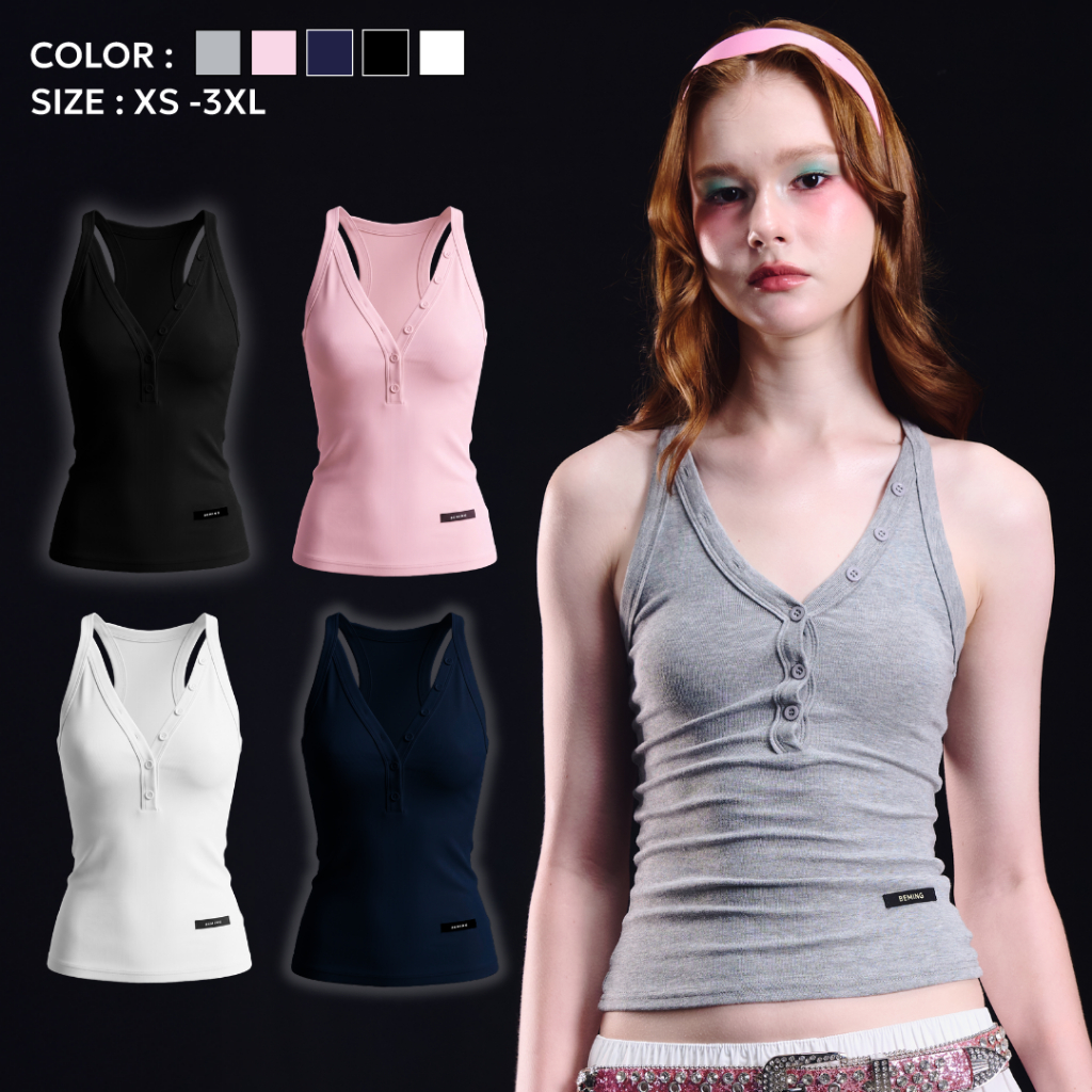 Bemingtop1156(S-3XL) -Laya Cami Top - เสื้อกล้ามดีไซน์กระดุมด้านหน้าทรงเข้ารูปช่วยเน้นสัดส่วน