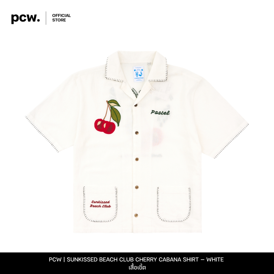 PCW | PASTEL CREATIVE WEAR |  SUNKISSED BEACH CLUB CHERRY CABANA SHIRT — WHITE  |  เสื้อเชิ้ต