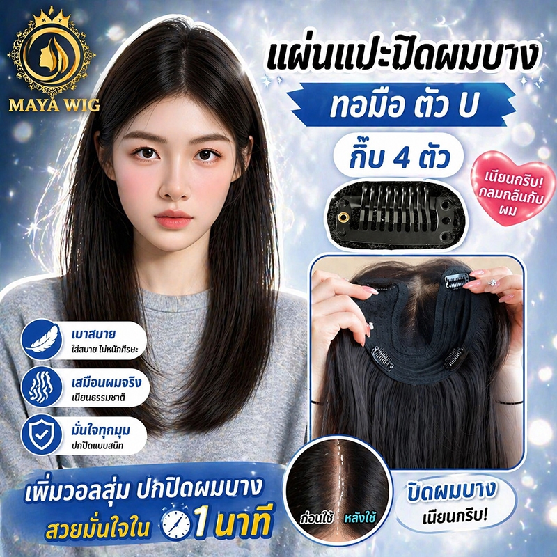 MAYAWIG วิกผมแผ่นแปะปิดผมบาง ปิดหงอกทอมือตัว U ผมตรงสไลด์ แสกกลาง (50 cm.) BF102-2