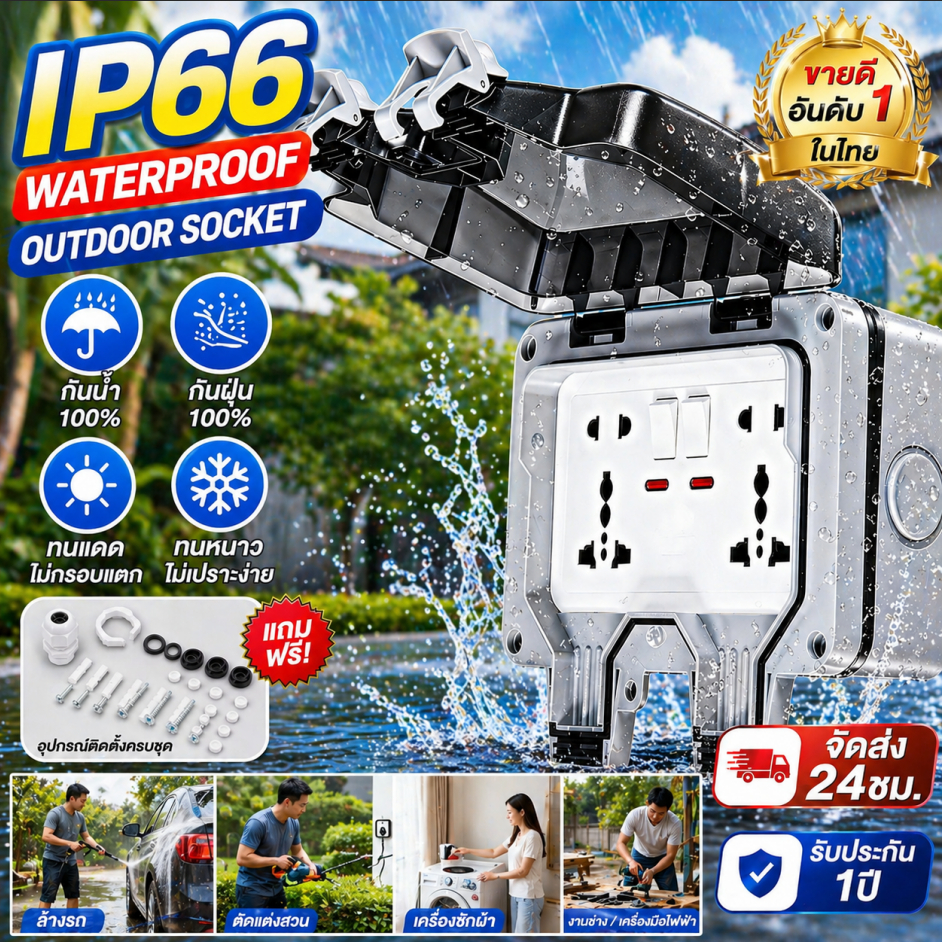 SEELANG กล่องปลั๊กไฟกันน้ำ IP66 ปลั๊กกราวด์คู่ 2ช่อง พร้อมสวิตช์นิรภัยและเบรกเกอร์ตัดไฟ กันฝุ่น กันฝน สำหรับใช้งานภายนอก