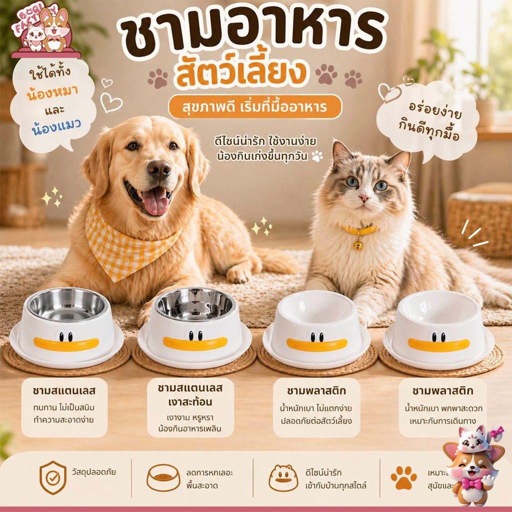 Boqi Factory ชามอาหารสัตว์เลี้ยงน่ารัก ชามใส่น้ำ-ใส่อาหารสุนัขและแมว Duckbowl