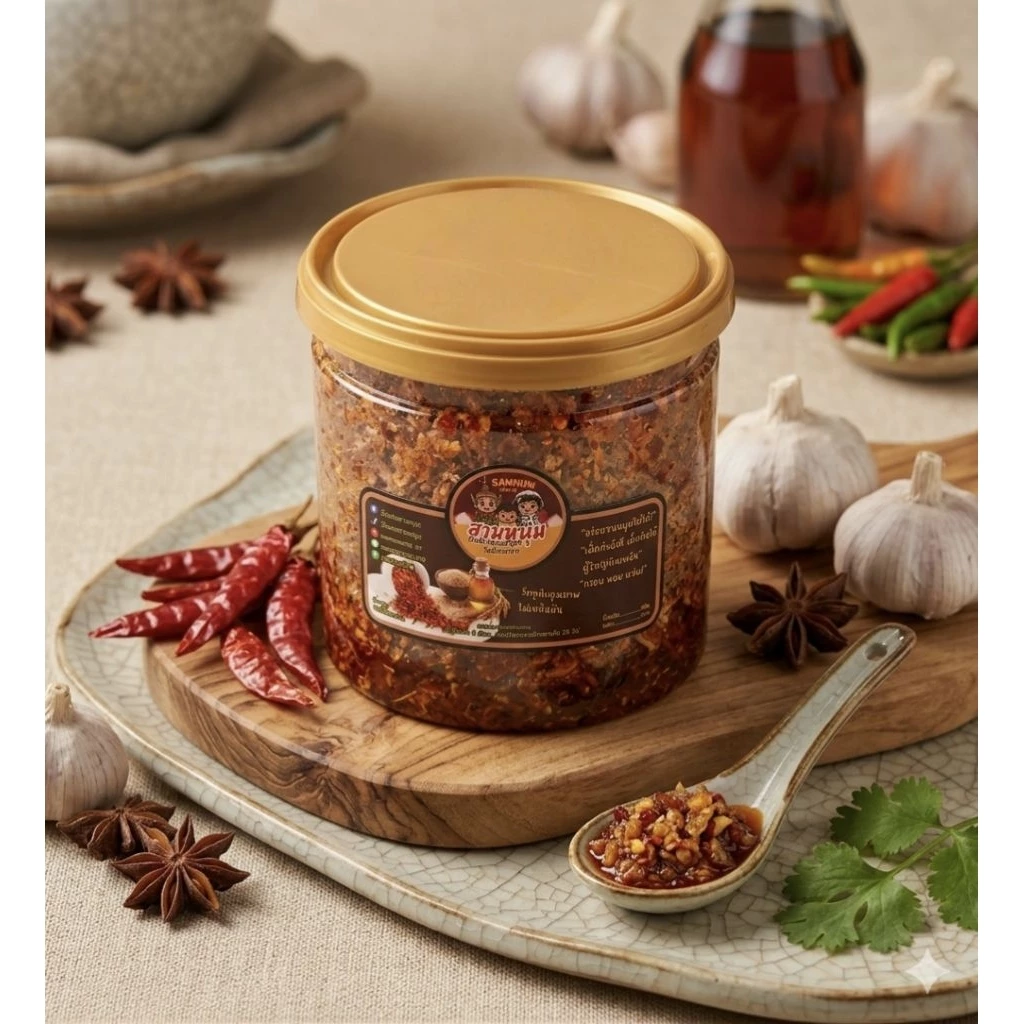 น้ำพริกสามหนุ่ม-น้ำพริกหอมเจียวผัดน้ำมันรำข้าว-สูตรดั้งเดิม