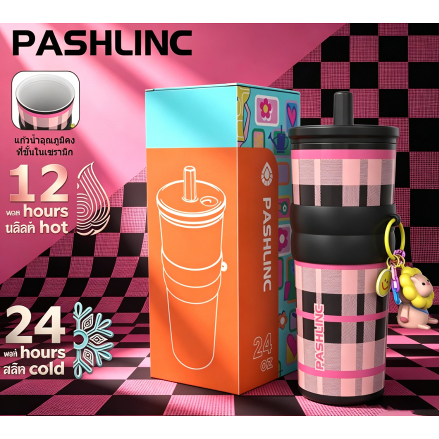 PASHLINC 24oz 316 แก้วกาแฟสแตนเลสสตีลพร้อมฝาปิด กระติกสุญญากาศเซรามิคไลเนอร์ ชุดภาพวาดลายพิเศษ