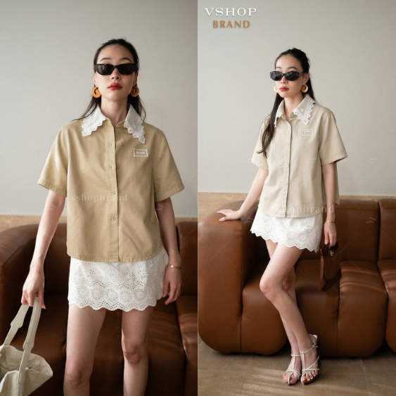 พร้อมส่ง ครอปแขนสั้นผ้าพื้นปกฉลุลูกไม้ งานป้ายvshopbrand